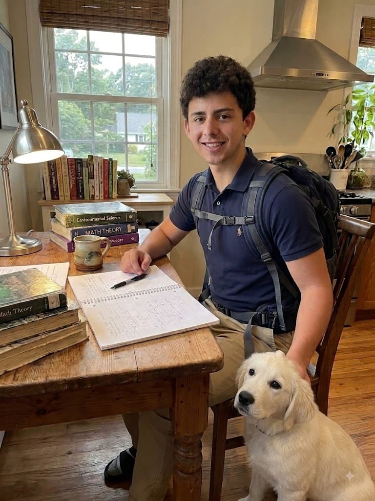 A student studying at home with a backpack and his dog