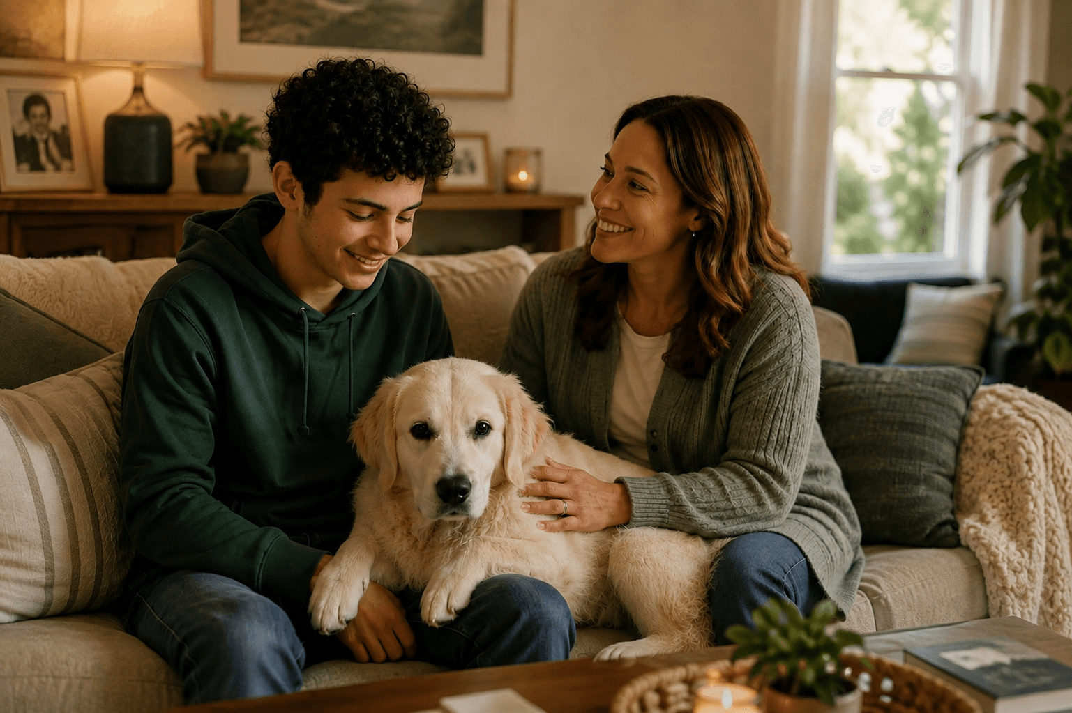 A student and his mother sitting with their dog at home